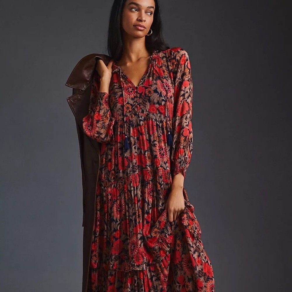 Anthropologie The Marais Chiffon Maxi Dress Floral Ruffled Medium (Like New)